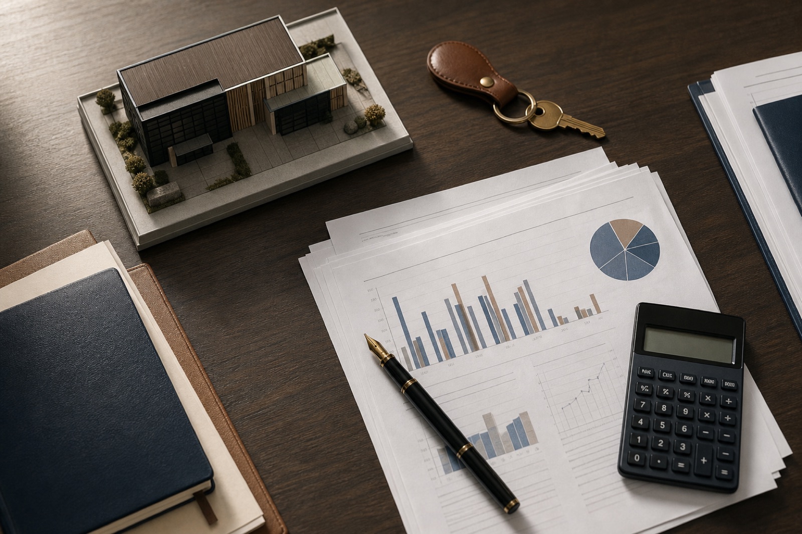 Purchase documents, a calculator and keys on a desk